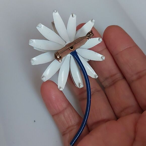 Dotted Spotted Blue White 3D Flower Stem Brooch Pin Vintage - Picture 2 of 5